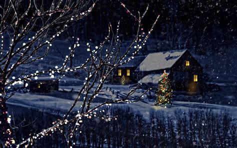 Download Night Light Tree Snow House Holiday Christmas HD Wallpaper