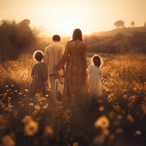 Una Familia Viendo La Puesta De Sol Entre Las Flores Del Campo Foto