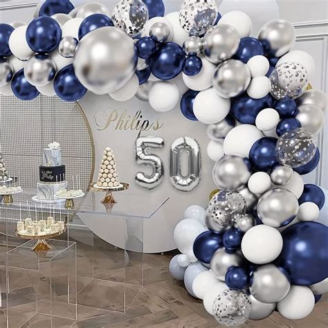 Pcs Navy Blue Silvery Balloon Garland Set With Silvery Ribbon Strip