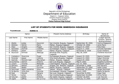 Insurance FOR WORK Immersion Republic Of The Philippines Department