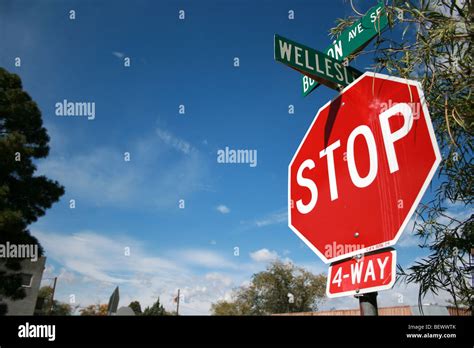 4 way Four way stop sign at intersection, residential neighborhood, Albuquerque, New Mexico ...