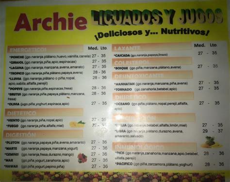 Carta Del Pub Y Bar Jugos Y Licuados Archie Tampico