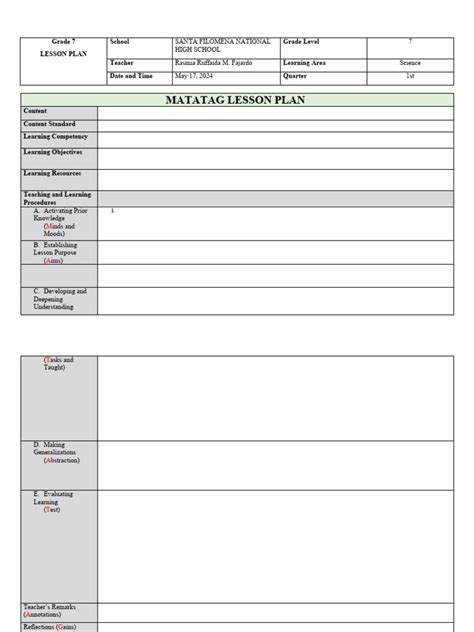 Matatag Lesson Plan For Demo Template Pdf