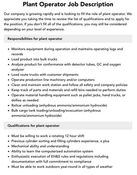 Plant Operator Job Description Velvet Jobs