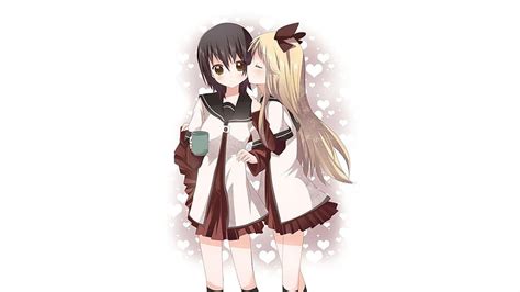 Yellow Haired Anime Girl Kissing Black Haired Girl Holding Green Yuri