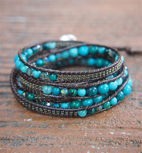 Turquoise Howlite Mix Wrap Bracelet On Brown Cord Boho Wrap Etsy