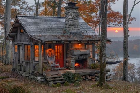 Premium Photo A Cozy Cabin In The Woods With A Warm Fire And A View