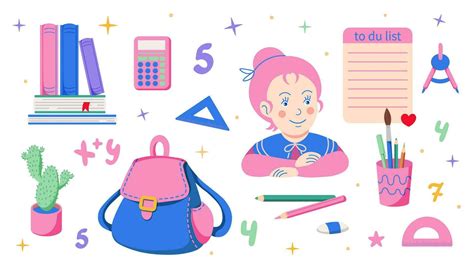 Cute school stationery set with 90s retro vibes, cartoon style. Student ...