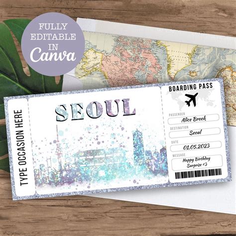 Seoul South Korea Boarding Pass Surprise Editable Flight Ticket Gift