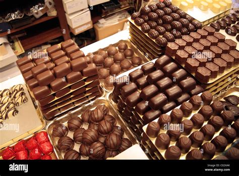 Display Of Handmade Chocolates In A Chocolatier Shop Chocoladehuisje