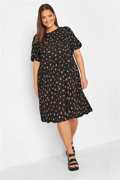 Yours Curve Plus Size Black And Pink Ditsy Floral Print Smock Tunic Dress Yours Clothing