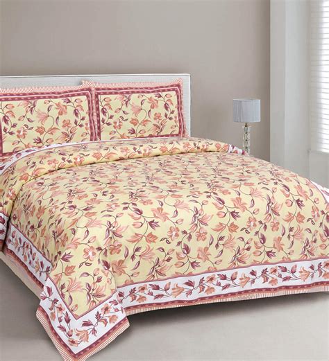 Buy Yellow Floral 210 Tc Cotton King Sized Bed Sheets With 2 Pillow