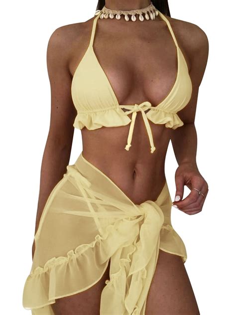 Douhoow Women Piece Bikini Set Ruffle Bandage Halter Bra Panties See