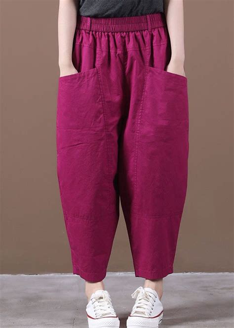 Plus Size Rose Elastic Waist Pockets Patchwork Solid Color Cotton Harem