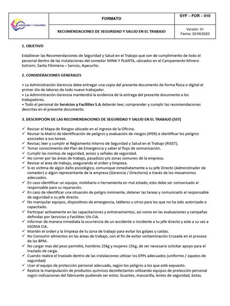 Syf For 010 Recomendaciones De Seguridad Y Salud Trabajo Sst Pdf