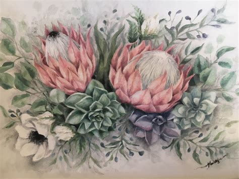 Proteas And Succulents Oil On Canvas By Mariki Protea Art Protea