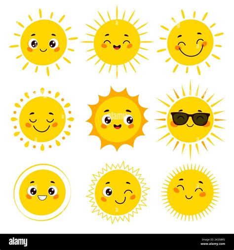 Cute Cartoon Sun Emoji Collection Sunny Smiling Faces Vector Set Stock