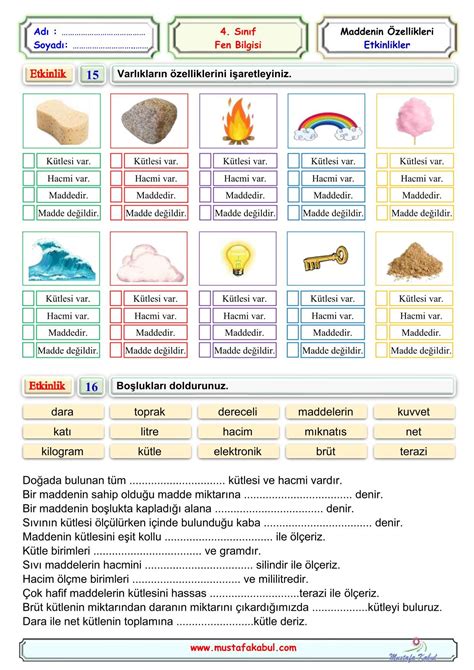 4 Sınıf Fen Bilgisi Maddenin Özellikleri Madde ve Doğası Ünite Özeti