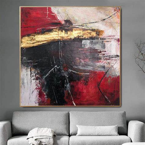 Large Abstract Red Painting Canvas Gold Leaf Wall Art Original Oil