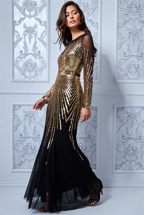 Goddiva Shooting Star Sequin Maxi Long Sleeve Formal Evening Dress Prom