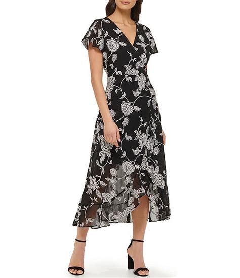 Kensie Embroidered Surplice V Neck Short Sleeve Faux Wrap Midi Dress