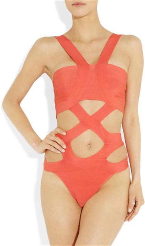 Herv L Ger Cutout Bandage Swimsuit In Orange Coral Lyst