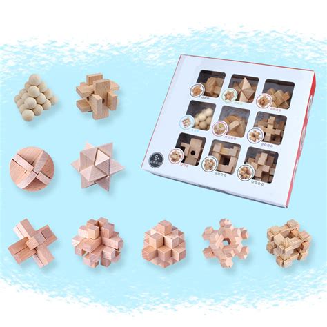 9Pcs Wooden Brain Teaser Puzzle IQ Test Toy Kong M Grandado