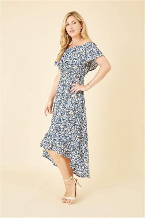 Mela London Blue Floral Ditsy Bardot Midi Dress Shopstyle