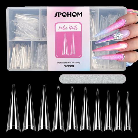 Spohom 500pcs Clear Stiletto Nail Tips For Acrylic Nails