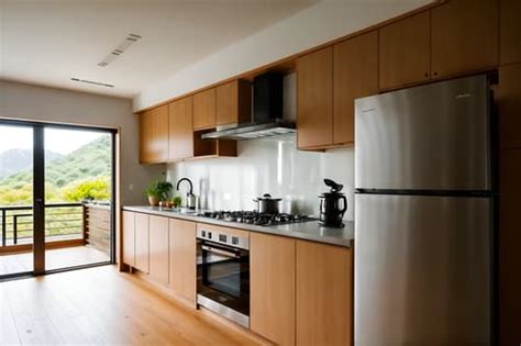 Zen Style Kitchen Interior With Stove And Sink And Worktops And Plant