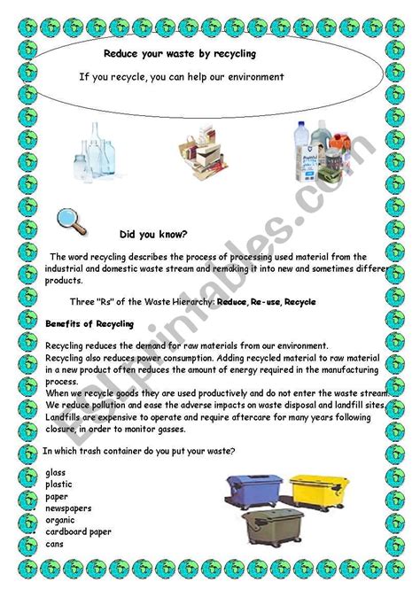 Reduce Your Waste By Recycling Esl Worksheet By Lotas