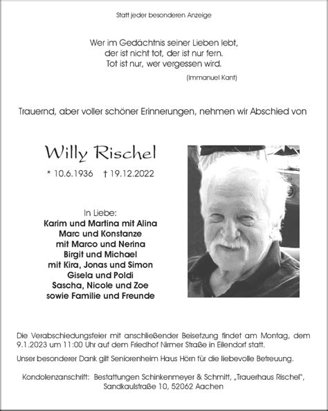 Traueranzeigen Von Willy Rischel Aachen Gedenkt