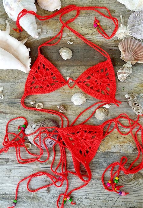 Red Crochet Bikini Tiny Bikini Set Mesh Knit See Through Bathing Suit Thong String Bikini