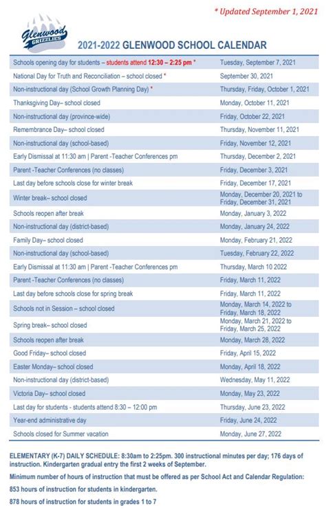 UPDATED 2021-2022 Glenwood School Calendar