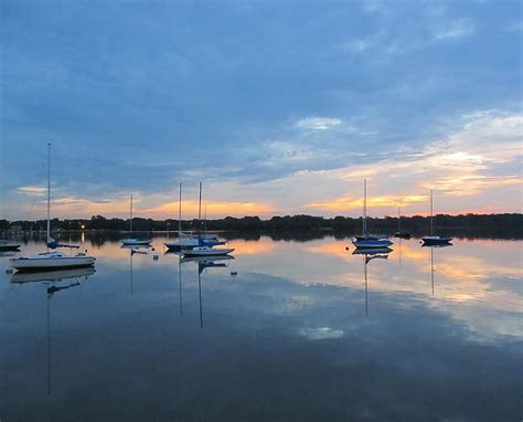 Lake Sunset Sail Boats Serene Serenity Dusk Landscape Color