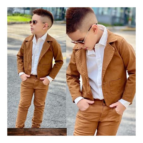 Roupa Menino Infantil Blazer Caramelo Camisa Manga Longa Branco Calça