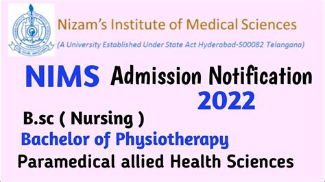 Nims Admission Notification 2022 B Sc Nursing Bpt And Paramedical