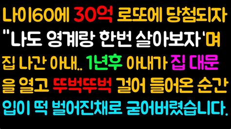 반전 사이다사연 나이60에 30억 로또에 당첨되자 나도 영계랑 한번 살아보자 며 집나간 아내 1년후 아내가 집 대문을