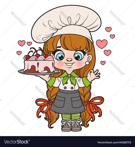 Cute Cartoon Long Haired Girl Chef With A Cake Vector Image