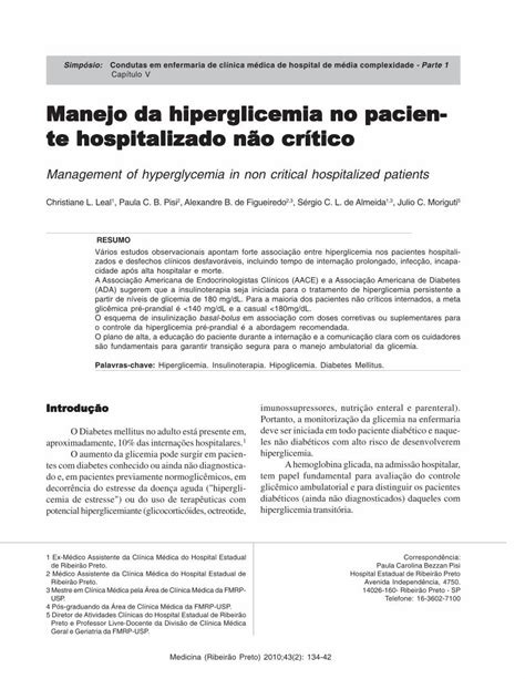 Pdf Manejo Da Hiperglicemia No Paciente Hospitalizado Não Crítico