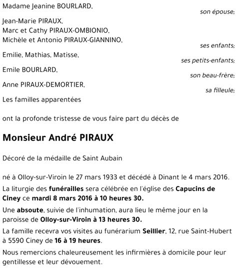 Avis De Décès De André Piraux Décédé Le 04032016 à Dinant Annonce