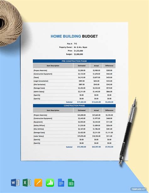 Home Construction Budget Template - Google Docs, Google Sheets, Excel ...