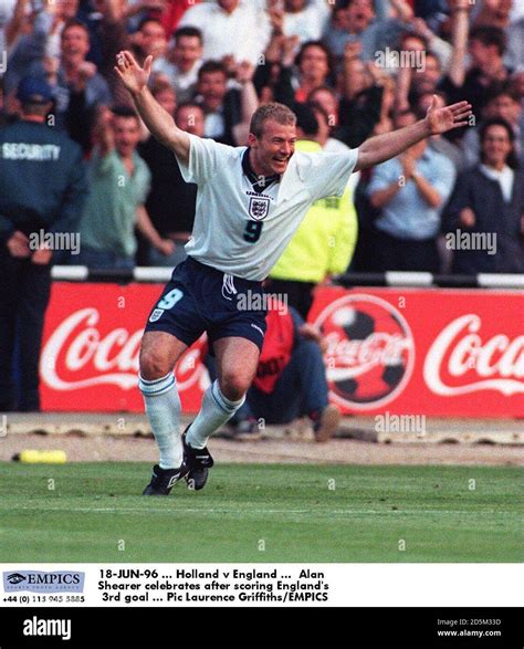 Alan Shearer celebrates after scoring England's 3rd goal Stock Photo ...