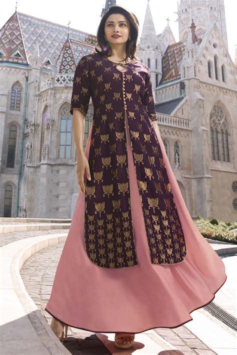 This Banarasi Jacquard And Satin Wine And Purple Colour Kurti Is The Fun Attire Of The Moment