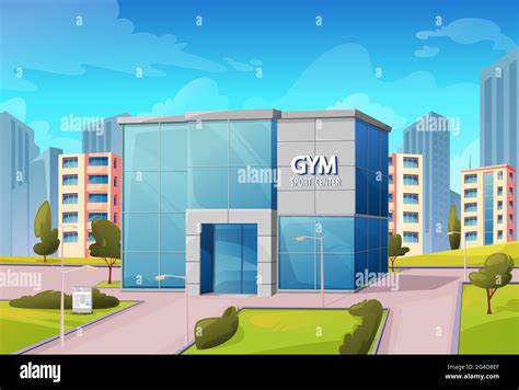 Sport center gym building on city street, fitness or bodybuilding club exterior front view ...