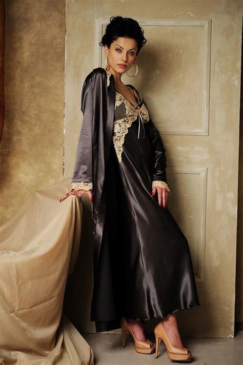 Black Satin Nightgown Black Satin Robe And Brown High Heels Satin