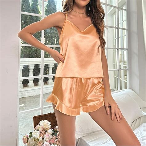 Womens Silk Satin Pajamas Sets Soft Short Sleeve Two Piece Sleepwear