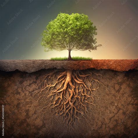 Tree With Its Root System Going Deep Into The Ground Soil Cross