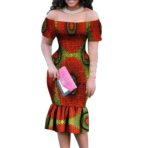 BintaRealWax African Dress For Women Off Shoulder Smocked Kente Print