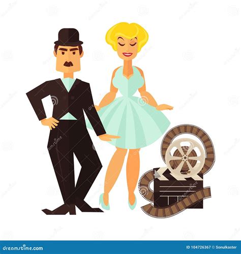 Retro Cinema Actor And Movie Actress Vector Flat Cinematography ...